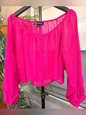 Fuchsia Sheer Button-Front Blouse